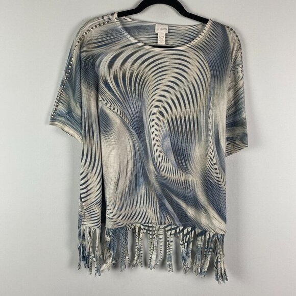 Chico's Tops - Chicos S/M Top Blue Gray Knit Fringe Hem Studs Dolman Artsy Short Sleeve